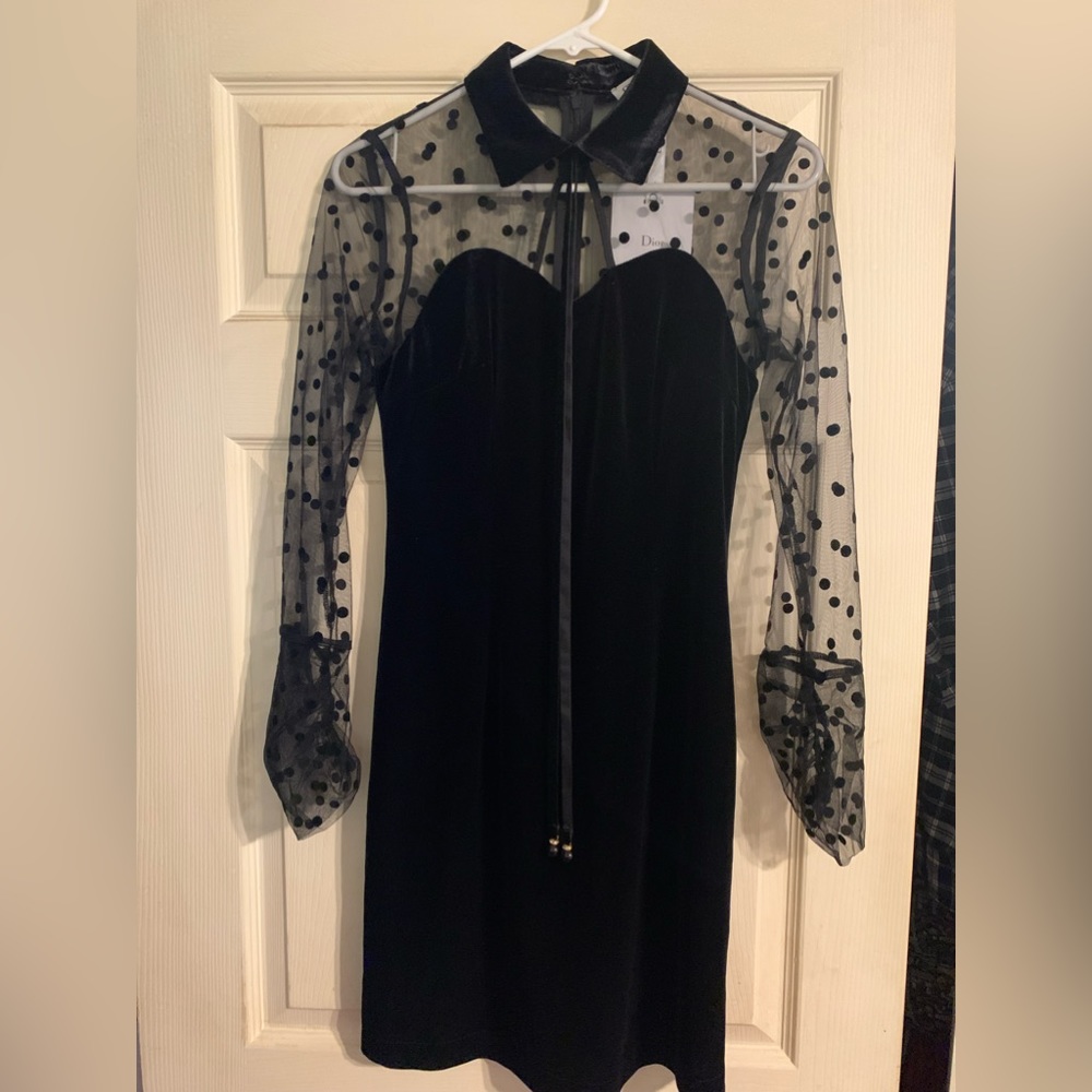 Dior Black Velvet Dress with Sheer Polka Dot Sleeves